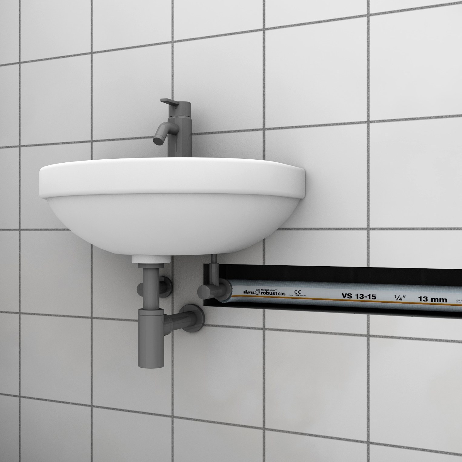 Mit Misselon-Robust 13 mm Dämmschlauch gedämmte Zuleitung zum Waschtisch