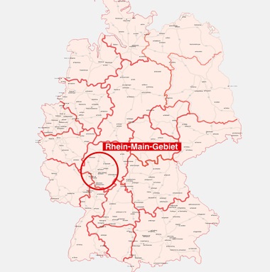 Deutschlandkarte mit Fokus und Beschriftung Rhein-Main-Gebiet